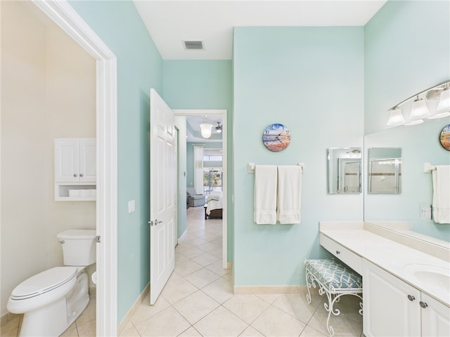 ensuite bathroom with tile patterned flooring, visible vents, baseboards, toilet, and vanity