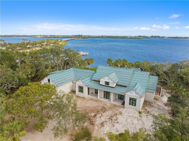 aerial view featuring a water view