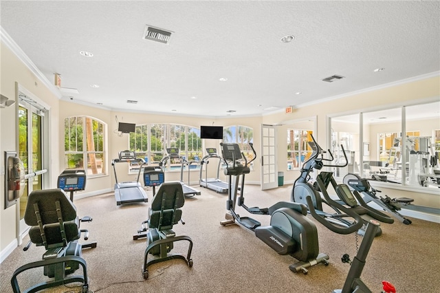 workout area with ornamental molding, a textured ceiling, and french doors