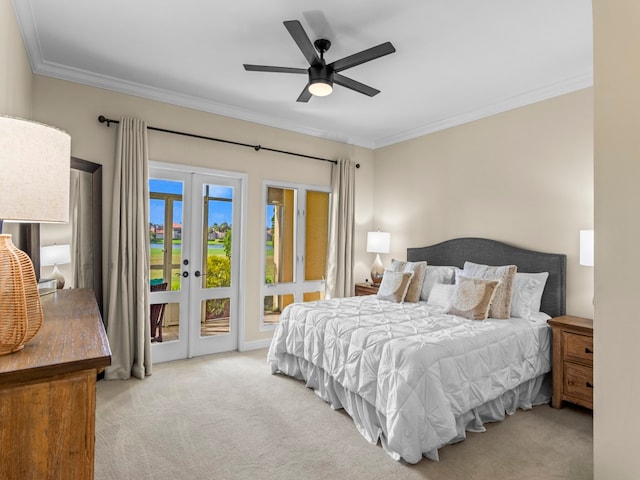 bedroom with ceiling fan, ornamental molding, light carpet, and access to outside