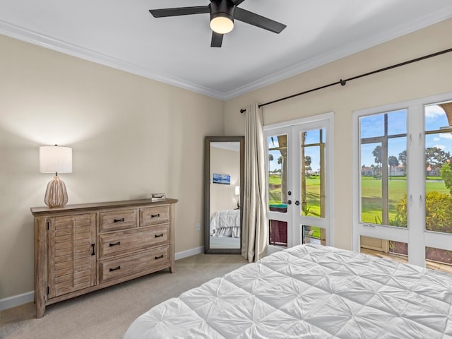 bedroom with french doors, light carpet, ceiling fan, and crown molding