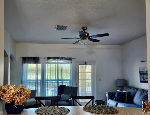 living room featuring ceiling fan, a healthy amount of sunlight, and a textured ceiling