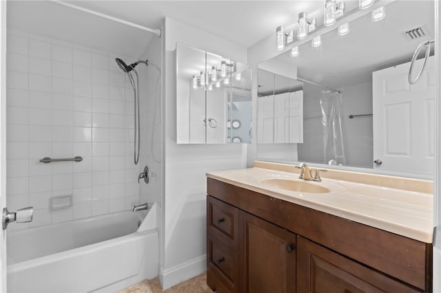 bathroom featuring vanity and shower / bath combo with shower curtain