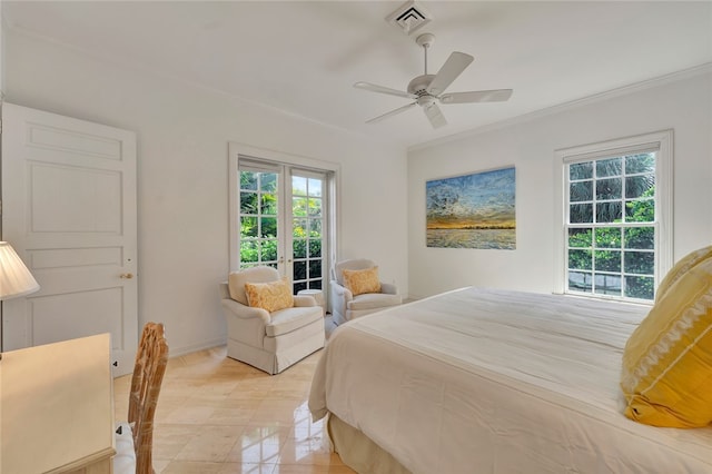 tiled bedroom with ceiling fan, multiple windows, and ornamental molding