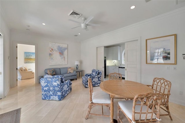 600 Ocean Rd, Vero Beach, FL 32963 - dining space featuring ceiling fan, ornamental molding, recessed lighting, and baseboards