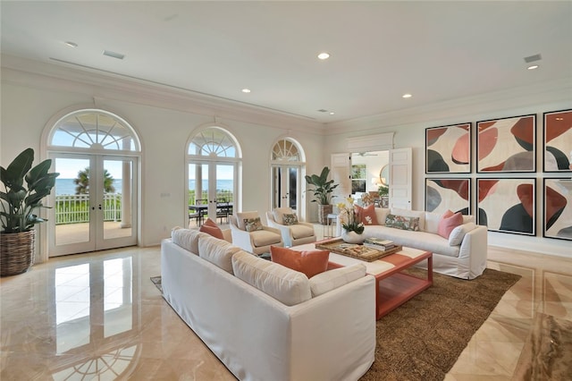 living room featuring french doors and ornamental molding