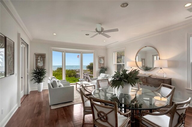 600 Ocean Rd, Vero Beach, FL 32963 - dining space with ceiling fan, ornamental molding, dark wood finished floors, baseboards, and recessed lighting