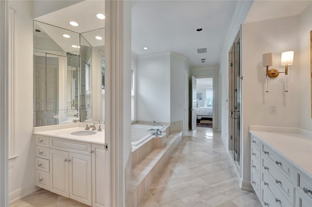 bathroom featuring vanity, plus walk in shower, and crown molding