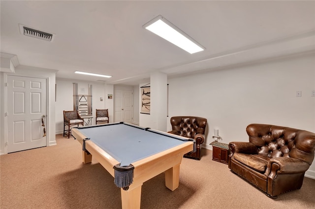 recreation room with light colored carpet and pool table