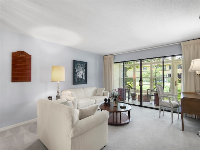 carpeted living room with a textured ceiling