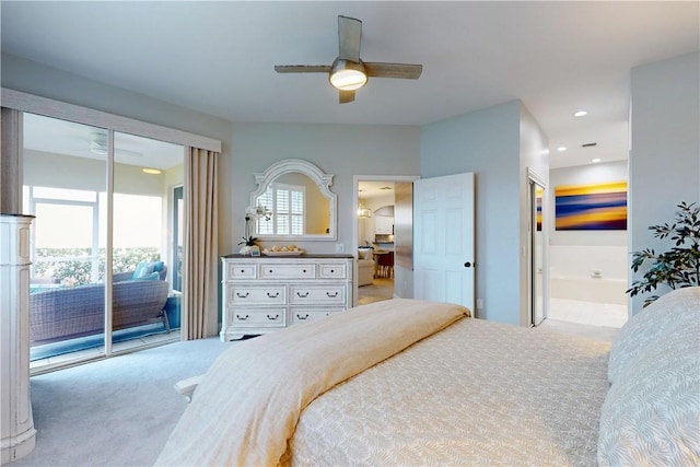 carpeted bedroom featuring multiple windows, access to outside, and ceiling fan