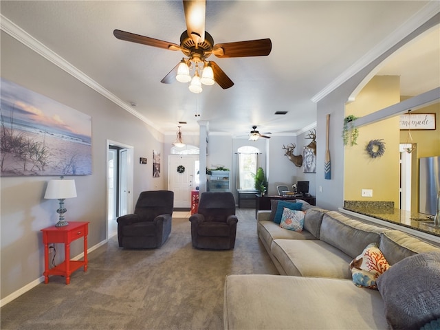 living room featuring ornamental molding and carpet