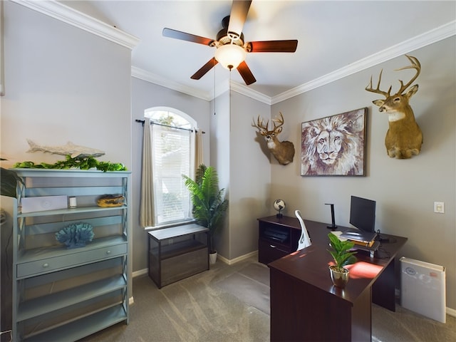 carpeted home office featuring ornamental molding and ceiling fan