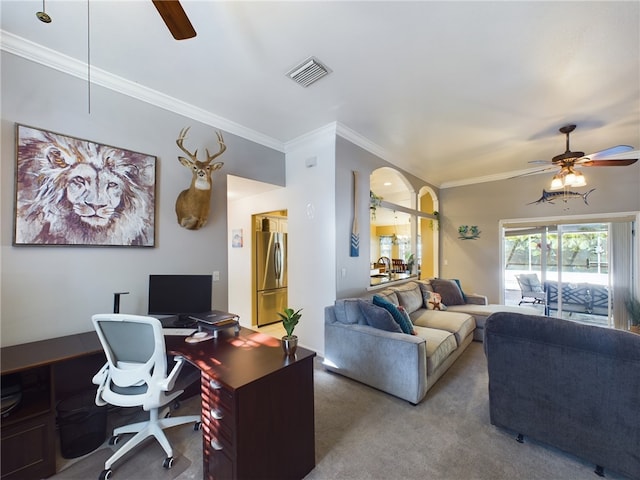 carpeted office featuring ceiling fan and ornamental molding