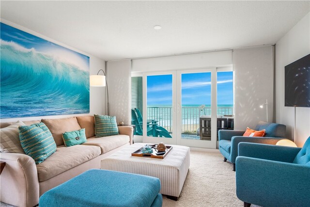 living room with light carpet and french doors