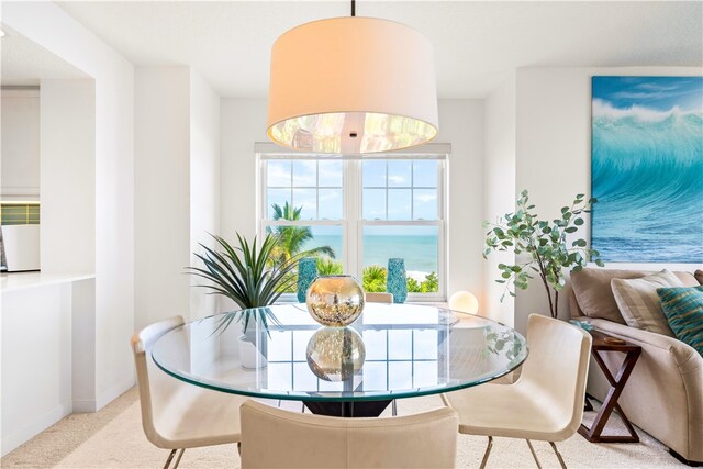 carpeted dining area with a water view