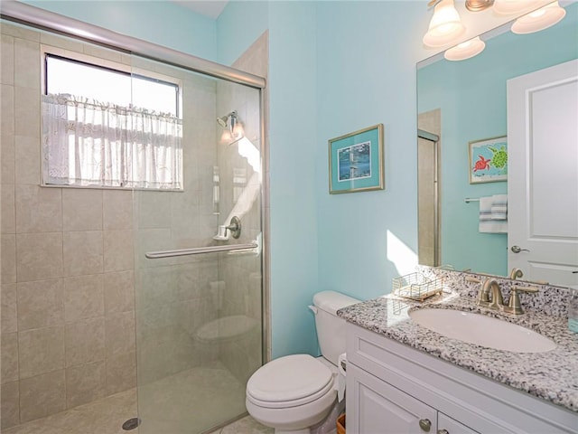 bathroom with vanity, toilet, and a shower with shower door