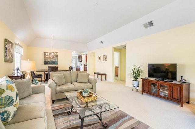 living room with light carpet, vaulted ceiling, visible vents, and a notable chandelier