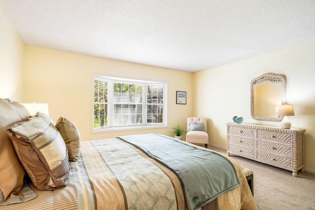 bedroom with carpet floors, a textured ceiling, and baseboards