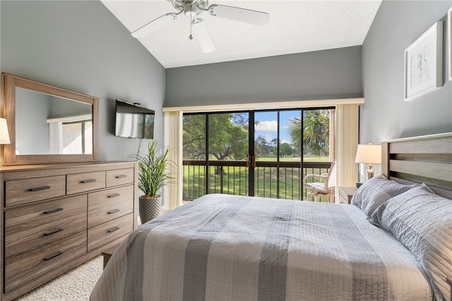 bedroom featuring high vaulted ceiling, a textured ceiling, ceiling fan, and access to exterior