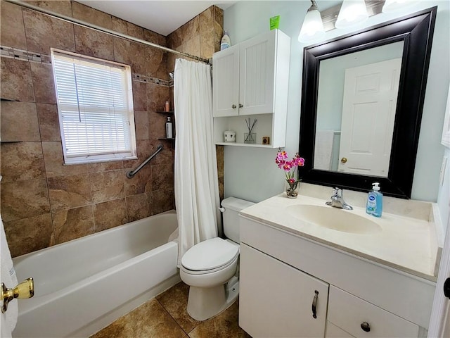 full bathroom featuring toilet, vanity, shower / bathtub combination with curtain, and tile patterned flooring