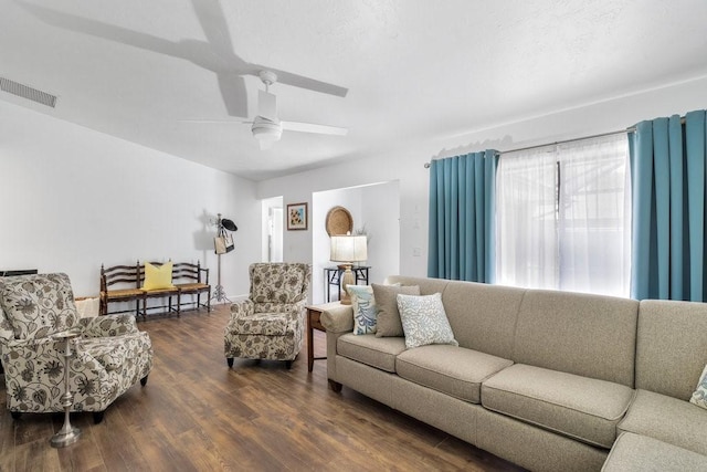 735 Timber Ridge Trl SW Unit B, Vero Beach, FL 32962 - living room featuring ceiling fan, visible vents, and wood finished floors