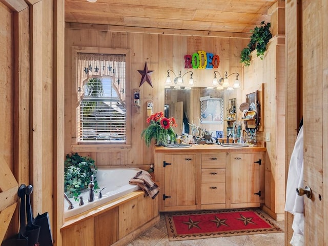 bathroom with wood walls, a bathtub, tile patterned flooring, vanity, and wood ceiling