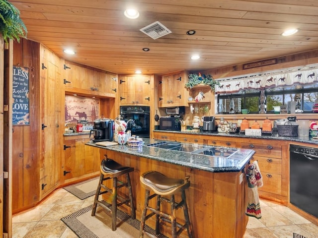 kitchen featuring wood ceiling, black appliances, and a kitchen island