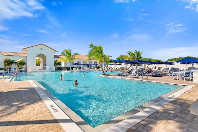 view of swimming pool featuring a patio area