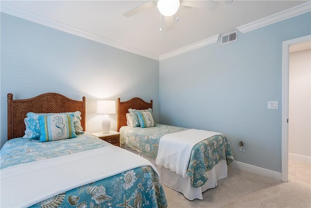 bedroom with ceiling fan, light colored carpet, and ornamental molding