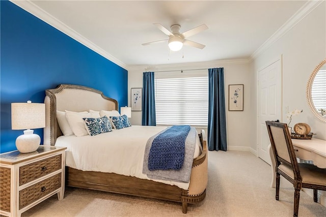 bedroom with ceiling fan, light colored carpet, and crown molding