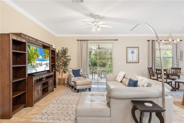 tiled living room with crown molding and ceiling fan with notable chandelier