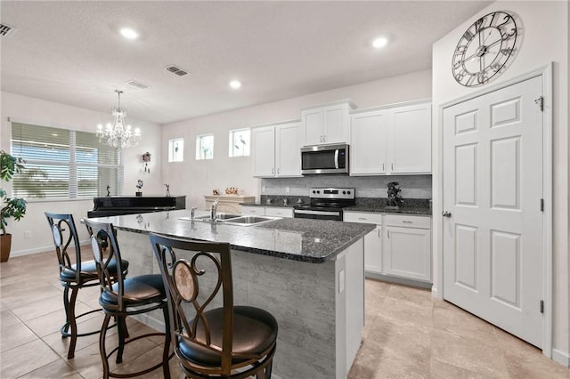 kitchen featuring white cabinetry, a center island with sink, appliances with stainless steel finishes, and a sink