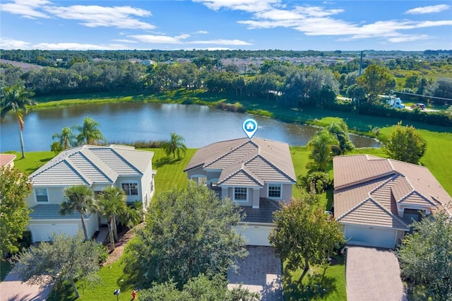 aerial view featuring a water view