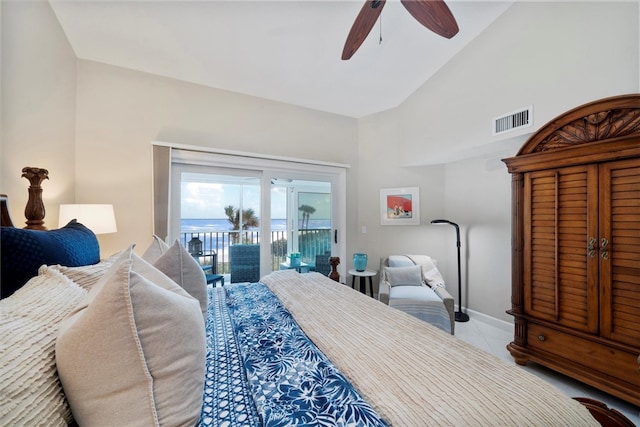 tiled bedroom featuring access to exterior, high vaulted ceiling, and ceiling fan