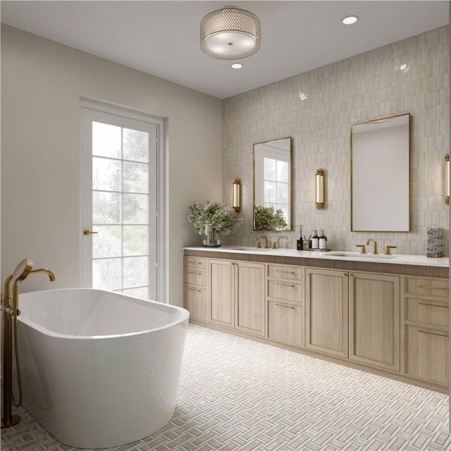 545 Date Palm Rd, Vero Beach, FL 32963 - full bathroom featuring double vanity, a freestanding tub, and recessed lighting