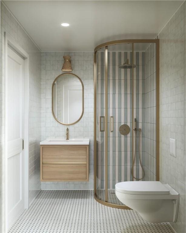 545 Date Palm Rd, Vero Beach, FL 32963 - bathroom with tile walls, vanity, toilet, and a stall shower