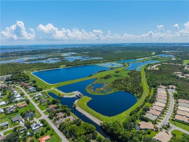 bird's eye view with a water view