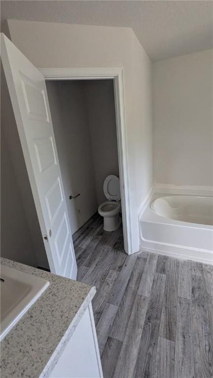 bathroom with wood finished floors, a garden tub, vanity, and toilet