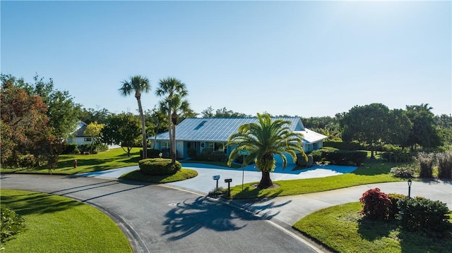 view of front of house with curved driveway and a front lawn