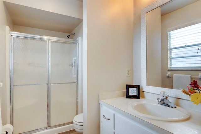 bathroom featuring toilet, vanity, and a stall shower