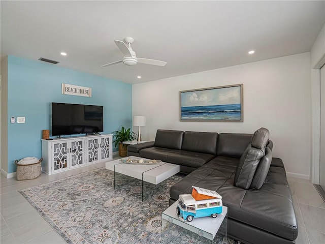 living room featuring a ceiling fan, tile patterned flooring, visible vents, and recessed lighting