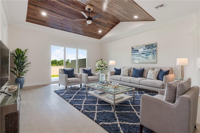 living area featuring crown molding, visible vents, wood finished floors, wooden ceiling, and baseboards