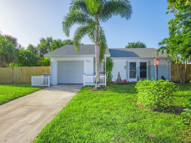 single story home with a front yard and a garage