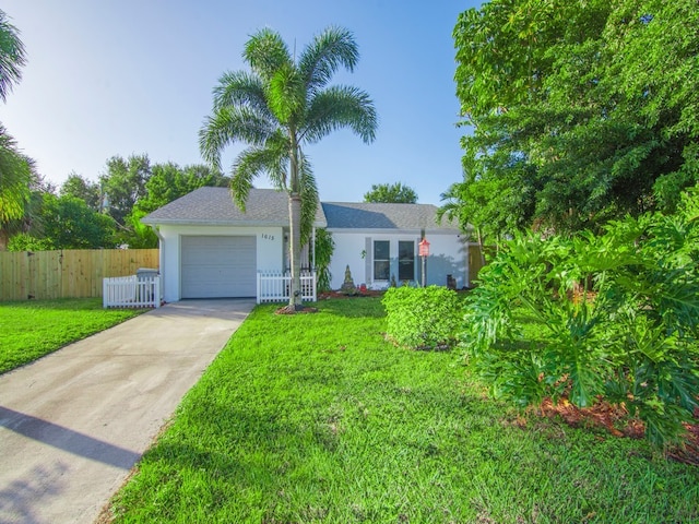 ranch-style home featuring a garage and a front lawn