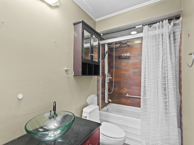 full bathroom with shower / bath combination with curtain, toilet, crown molding, and sink