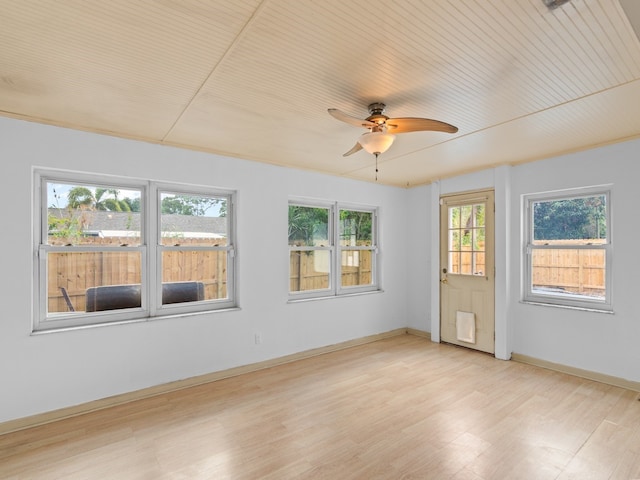 unfurnished room with ceiling fan, a healthy amount of sunlight, wood ceiling, and light hardwood / wood-style flooring