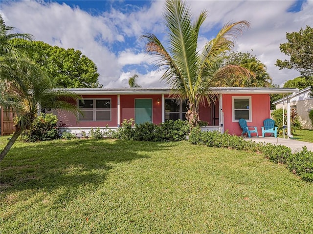 single story home with fence and a front lawn