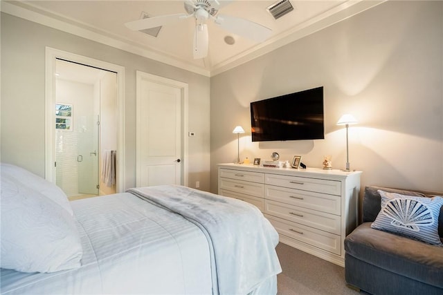 bedroom featuring carpet, ceiling fan, and ornamental molding