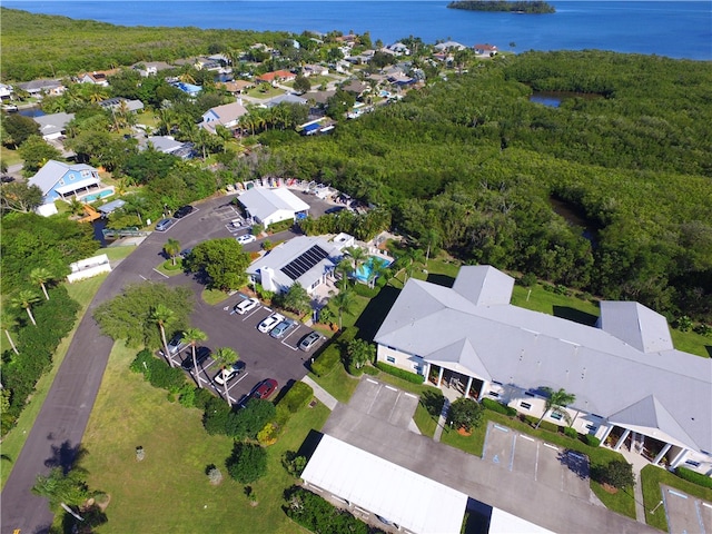 drone / aerial view with a water view